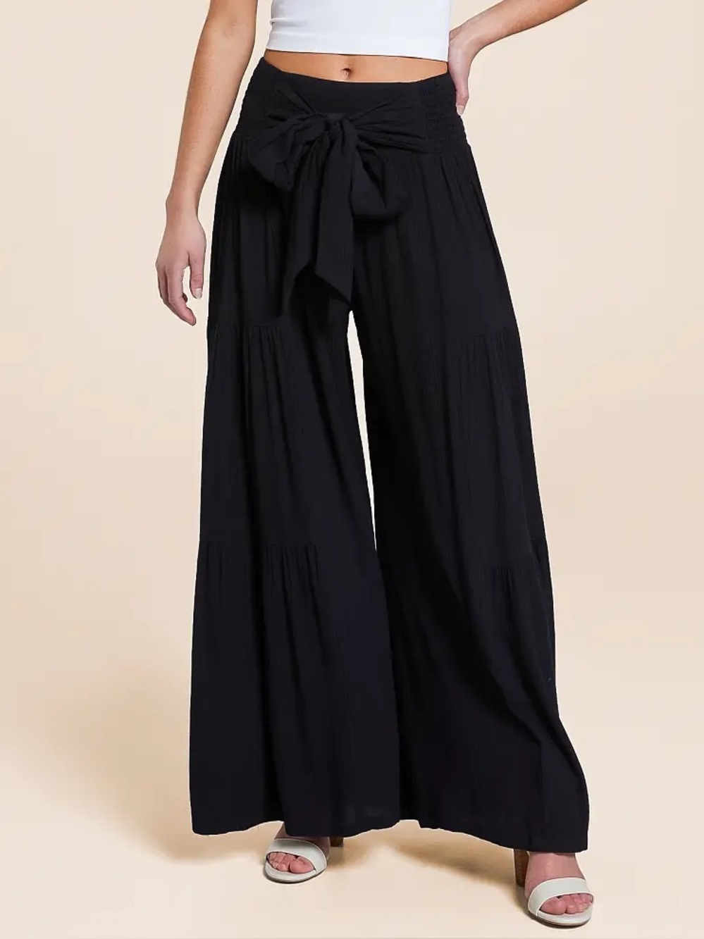 Olivaceous Black Tiered Wide Leg Smocked High Waist Tie Belt Flowy Pants - Small